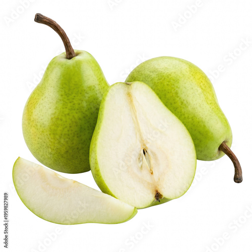 Fresh Ripe Green Pears Whole Halved and Sliced