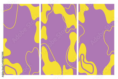 set de tres diseños con colores morado y amarillo de formas irregulares moderno 