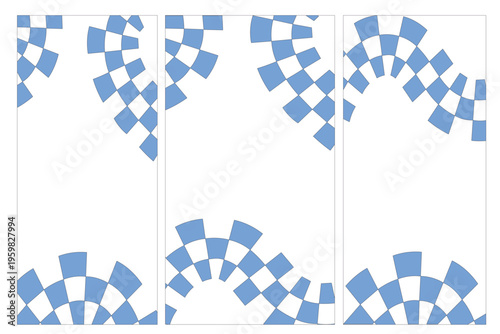 set de tres diseños en color azul y blanco con cuadros 