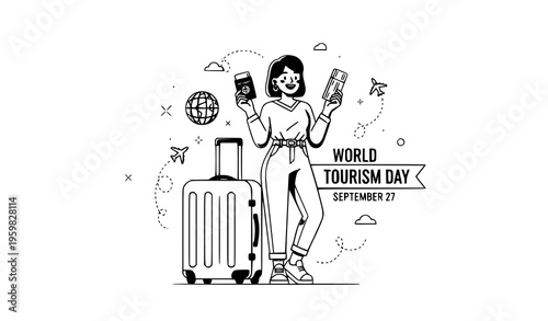 World tourism day young traveler passport ticket suitcase vector illustration