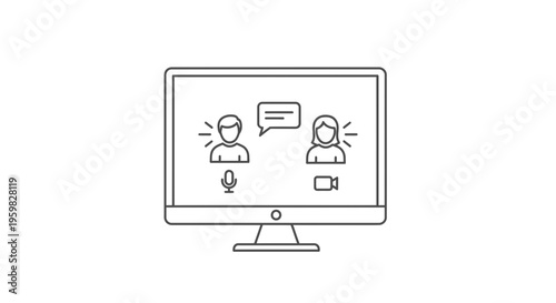 Online communication concept, video call with two people chatting on computer screen, icons for mic and camera