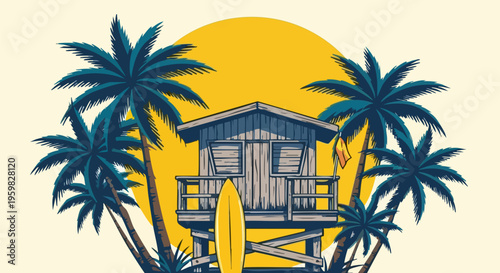 Vintage tropical beach hut vector illustration, retro surf shack with palm trees and surfboard, summer vacation sunset background