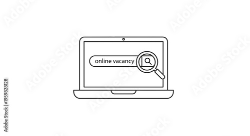 Online job search on laptop screen with magnifying glass over vacancy text