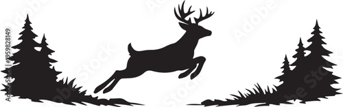  silhouette of deer leaping across forest clearing