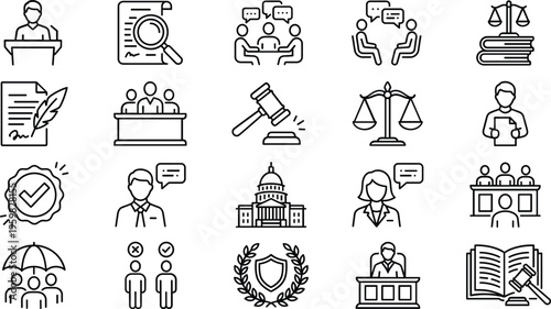 A set of line art illustrations depicting various legal and law concepts in a simple vector design.