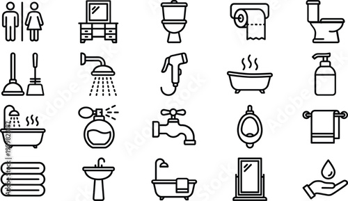 A set of bathroom and toilet line art icons in a vector design concept, including silhouettes of people, fixtures, and accessories.