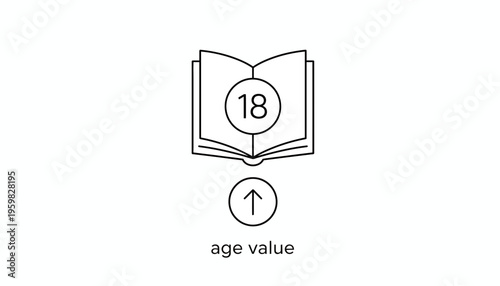 Open Book with Age 18 Symbol and Up Arrow Icon, Age Value Concept