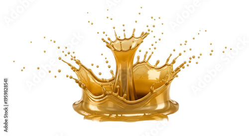 A golden liquid splash on a transparent background with droplets flying everywhere