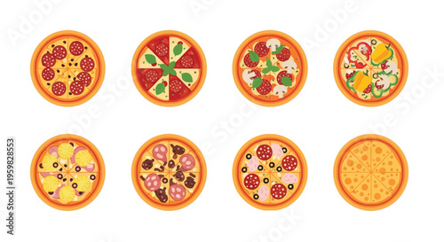 Eight colorful pizzas with varied toppings displayed in a grid arrangement