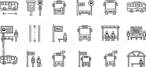 Bus and Public Transport Icons Set Featuring Bus Stops, Tickets, Timetable, and Transit System Symbols