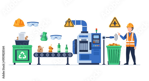 Industrial Automated Recycling Plant Process: Worker Supervising Waste Sorting on Conveyor Belt. Waste Management & Circular Economy.