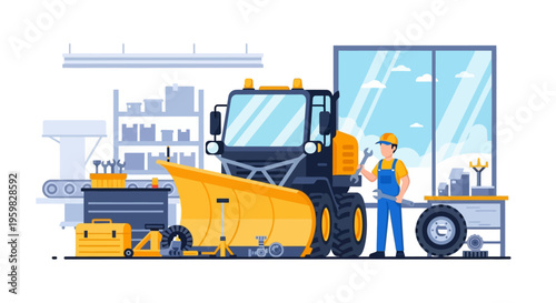 Mechanic Repairing Snowplow in Workshop: Flat Vector Illustration of Heavy Equipment Maintenance and Winter Vehicle Service