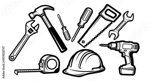 Hand-Drawn Construction Tools - Hammer, Screwdriver, Saw, Wrench, Drill, and Safety Helmet.