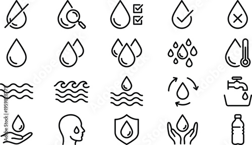 A set of line art vector silhouettes illustrating various water and liquid design concepts in a modern bundle