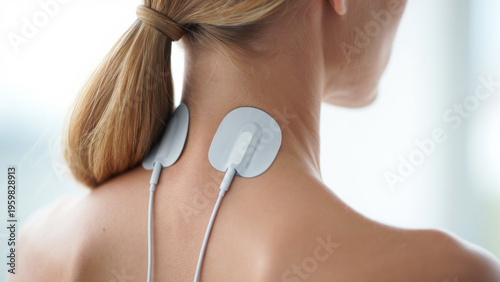 Tens electrodes on woman neck and shoulder, transcutaneous electrical nerve stimulation session, electrotherapy physiotherapy treatment for pain relief, rehabilitation clinic care, wired pads