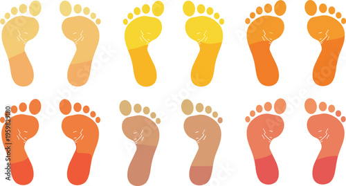 Human Footprint Icons Collection with Barefoot Steps in Different Colors, Foot Print Symbols for Walking, Track, and Health Vector Illustration Set