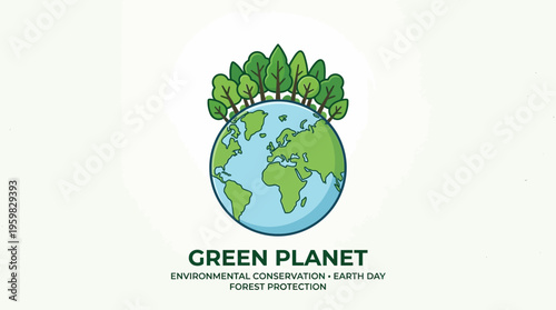 Flat vector illustration of a green planet with lush trees symbolizing environmental conservation and forest protection, ideal for Earth Day initiatives