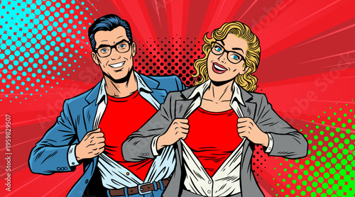 Pop Art Couple Man and Woman in Superhero Pose Opening Shirts - Retro Comic Book Style Illustration with Red Speech Bubble