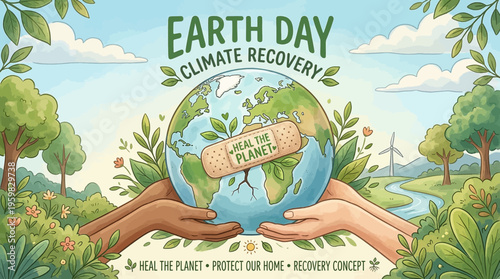 Diverse hands gently hold a bandaged Earth globe on Earth Day, embodying a unified message of climate recovery and environmental healing