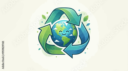 Happy Earth Day Illustration A Cheerful Planet Surrounded by the Recycling Symbol, Symbolizing Sustainability and Environmental Protection for a Greener Future