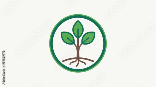 Lush green plant icon with roots in a protective circle, symbolizing new growth, sustainable ecology, and environmental care, a perfect graphic for celebrating earth day and promoting a greener future