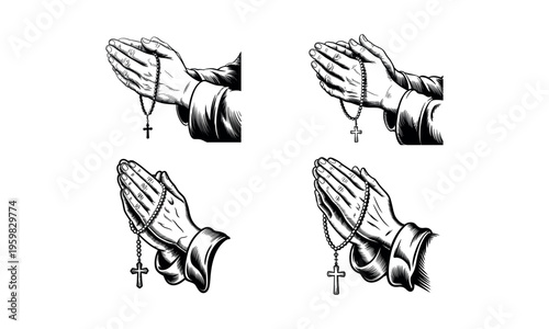 Praying hands with rosary beads religious faith line art vector illustration