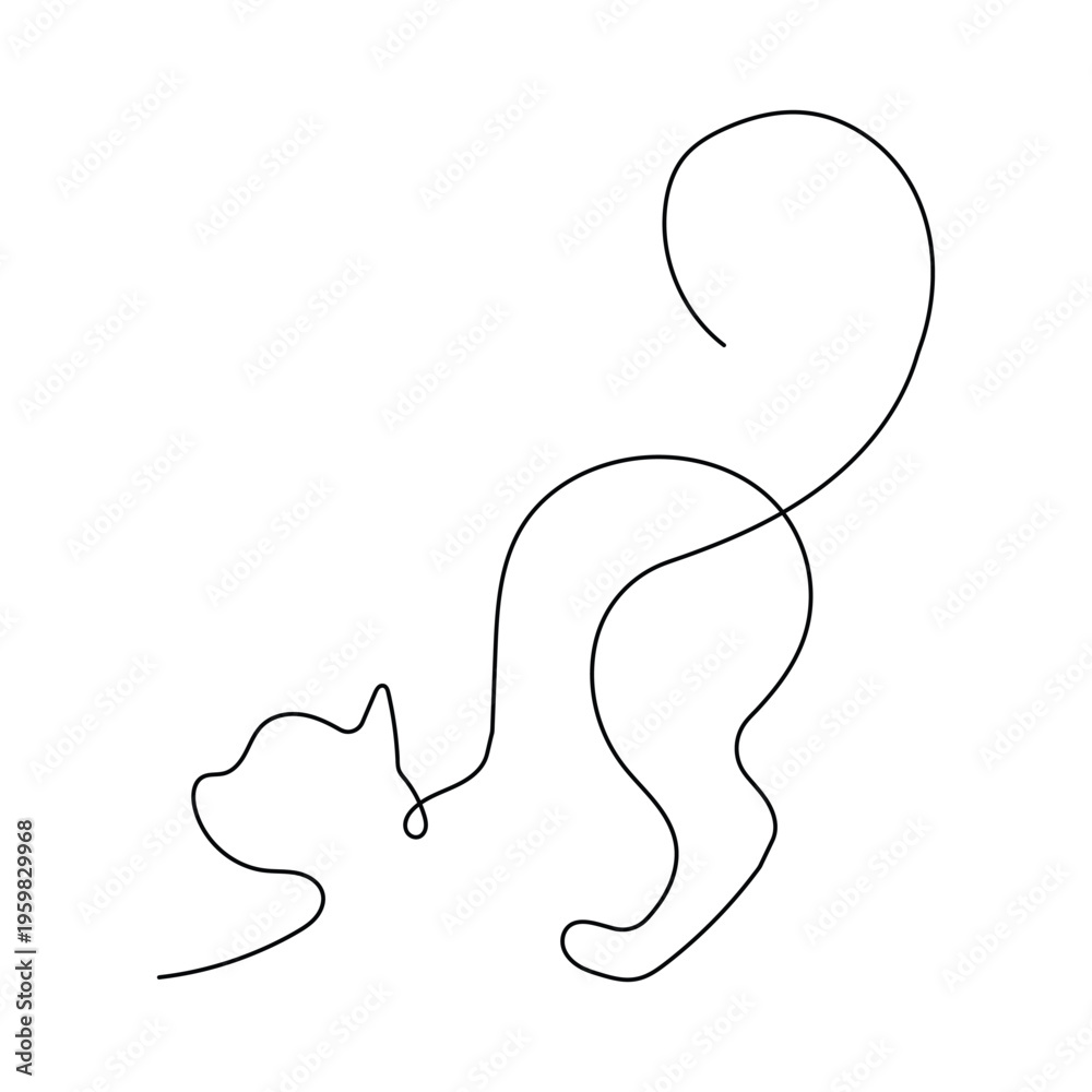 Obraz premium Stylish continuous line art featuring a sleek stretching cat, showcasing modern minimalist animal illustration for various creative projects