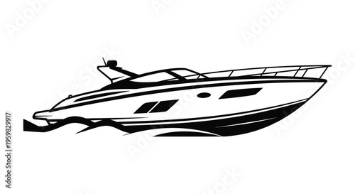 A sleek motorboat cutting through water depicted in black silhouette