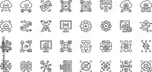 Cloud Computing and AI Technology Icons Set Featuring Data, Analytics, Machine Learning, and Process Automation Symbol
