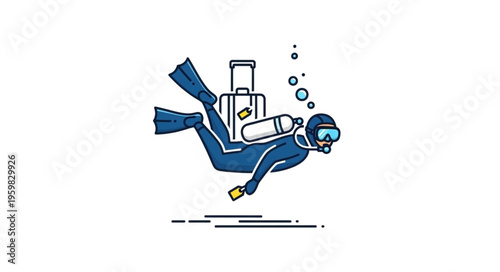 Humorous Scuba Diver with Luggage - A Whimsical Travel Illustration.