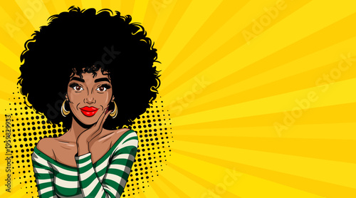 Pop Art African American Woman with Afro Hair Thinking Hand on Chin - Retro Comic Book Style Illustration on Yellow Sunburst Background