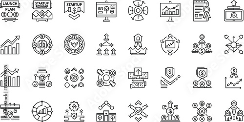 Startup and Business Launch Icons Set Featuring Growth, Strategy, Planning, Progress, and Team Collaboration Symbols