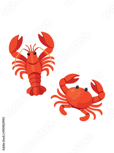 bright red crayfish and crab isolated on clean white background
