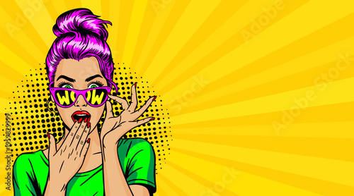 Pop Art Woman with Purple Hair Bun and WOW Sunglasses Gesturing - Retro Comic Book Style Illustration on Yellow Sunburst Background