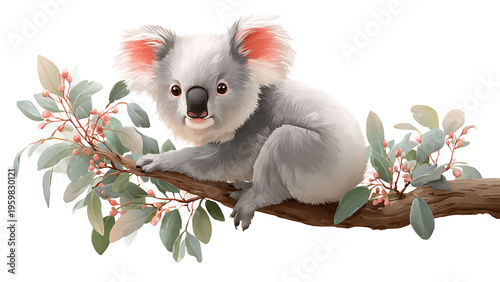 Adorable koala clinging to a tree branch with soft pink flowers and green leaves, cute marsupial wildlife illustration