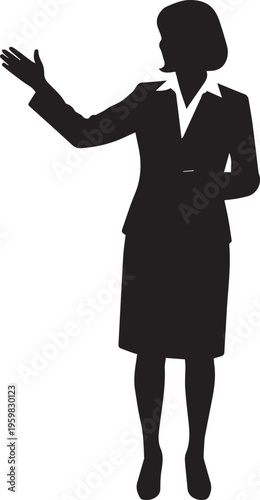 Female presenter vector silhouette giving speech pointing hand gesture business illustration