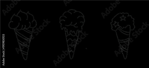 Captivating set of three distinct, hand-drawn outline SVG ice cream cones.These scalable vector graphics offer clean lines and playful charm for diverse digital and print.