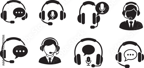 Customer support and service icons. Contact support agent button. Headset with speech bubble vector illustration. Call center operator symbol. Customer support chat sign. Earphones with microphone.