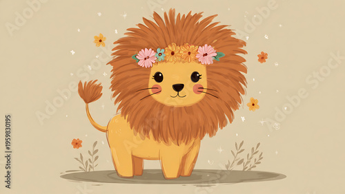 Cute illustrated lion with a flower crown, perfect for children's books and designs