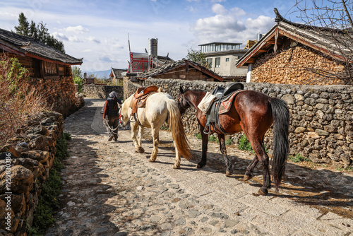 Photos Naxi Villager Leading Horses in Ancient Village Alley, Rural Life Scene in Yuhu