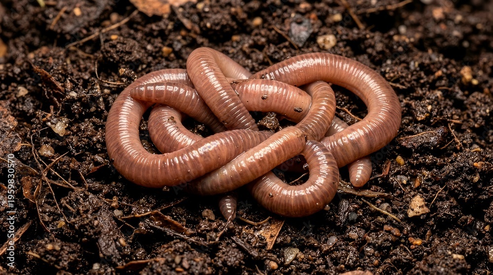 Fototapeta premium Earthworms in dark compost macro organic soil ecosystem texture environmental biology concept