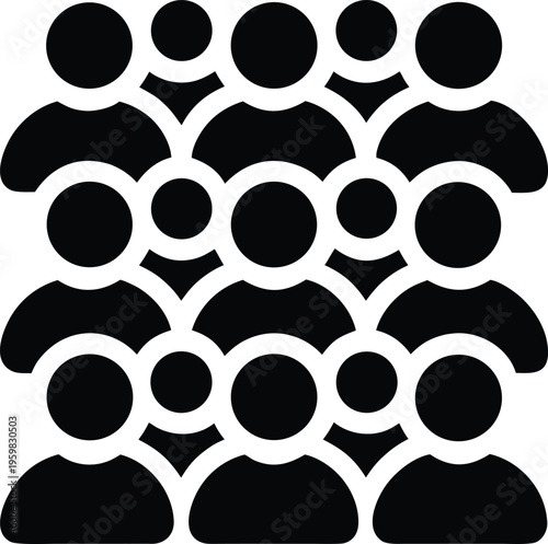 A minimalist black and white graphic icon representing a diverse crowd of people in a grid layout