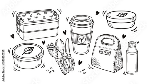 Eco-Friendly Takeaway Set Black and White Ink Doodle Illustration — Bento Box, Reusable Cutlery, Travel Mug, Glass Water Bottle & Tote Bag Hand-Drawn Vector Art