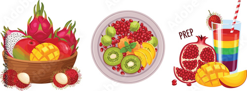 Hand Drawn Tropical Fruit Smoothie Prep and Harvest Bowl Vector Set Featuring Dragon Fruit Mango Pomegranate and Kiwi for Healthy Lifestyle Graphic Designs