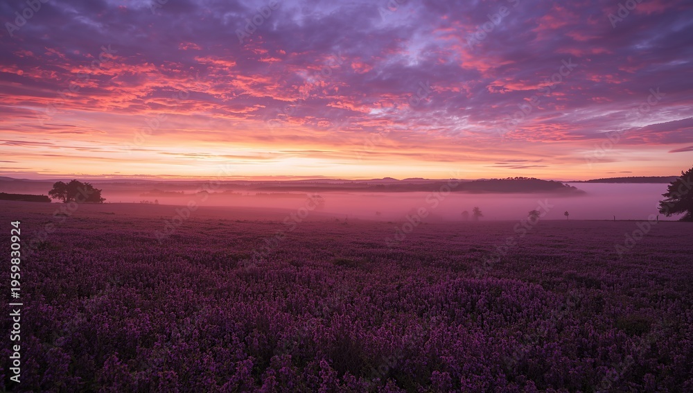 Fototapeta premium Blooming purple heather in the countryside at sunrise, with misty rolling hills and a dramatic orange-pink sky creating a peaceful, atmospheric landscape