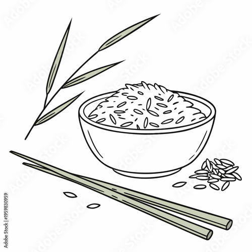 Bowl of rice with chopsticks and plant black