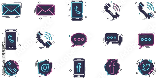 Communication Icons Set Featuring Phone, Email, Social Media, and Messaging Symbols for Digital Interaction and Connectivity