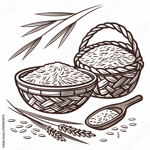 Brown baskets and scoop with rice grains food cooking