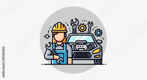 Illustration of a Female Mechanic Working on a Car Engine with Tools.