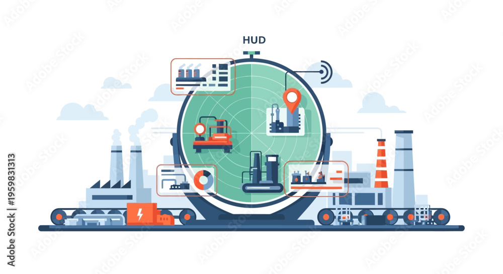 Fototapeta premium Industrial HUD System for Smart Factory Monitoring, Automation, and Logistics Management